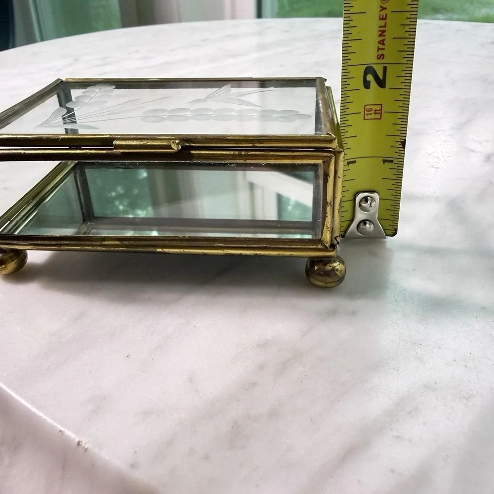 Vintage 80s Mexican Brass Etched Glass Swallow Trinket Box Bird Vanity Mirror